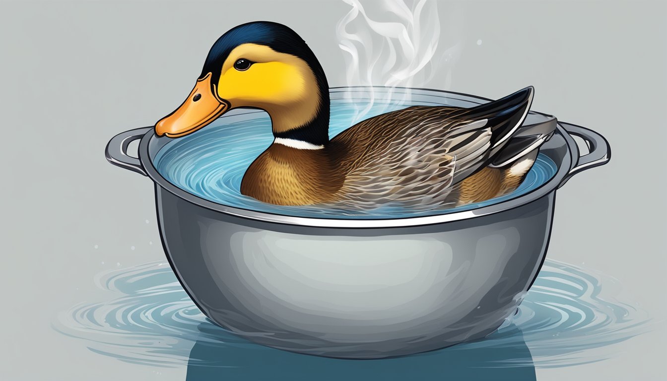 A pot of boiling water with a whole duck submerged inside, steam rising