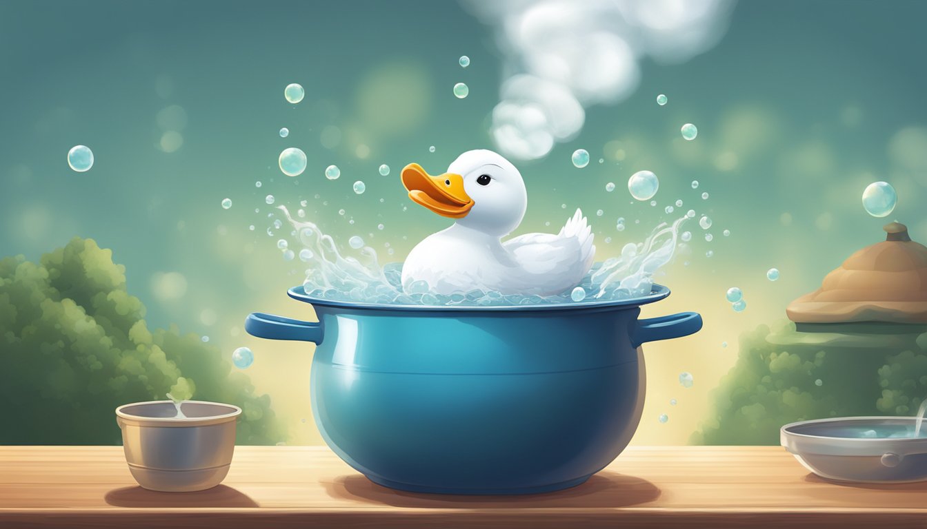 A large pot of boiling water with a whole duck submerged inside, steam rising and bubbles forming on the surface