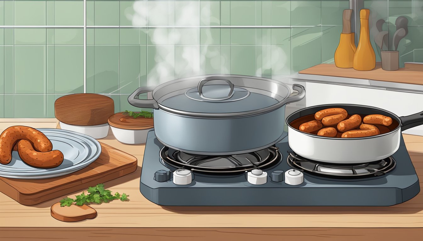 A pot of water boiling on a stove, with chorizo sausages lying on a cutting board next to it