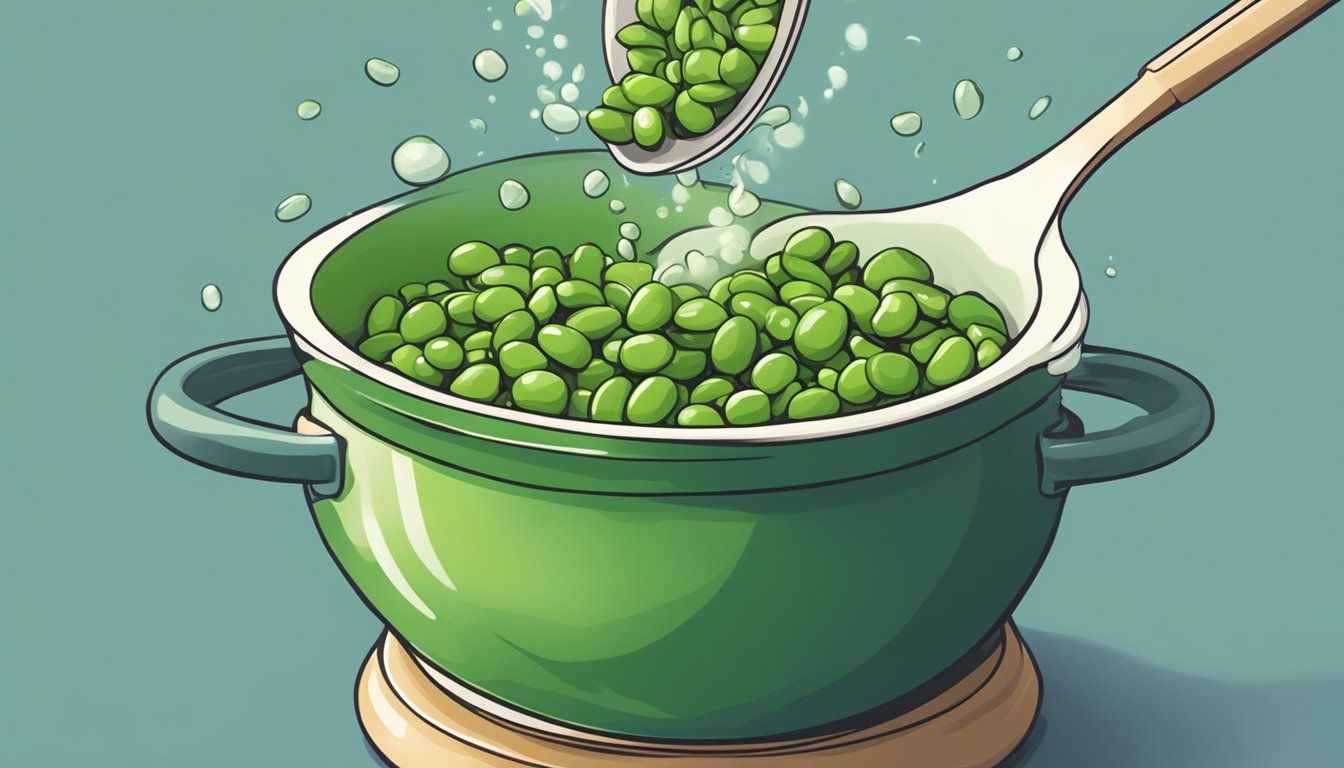 A pot of boiling water with edamame beans being dropped in