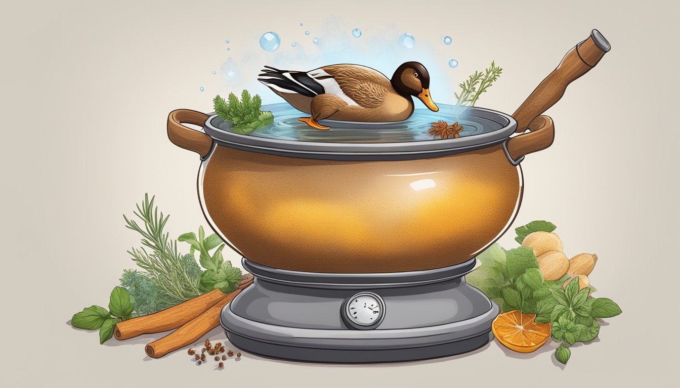 A pot of boiling water with a whole duck submerged inside, steam rising, surrounded by various herbs and spices