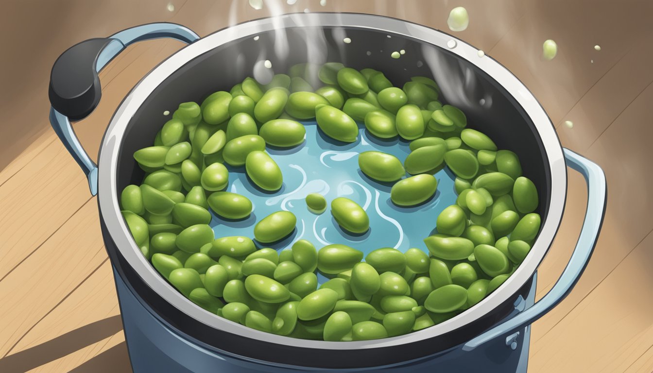 A pot of boiling water with edamame pods being dropped in