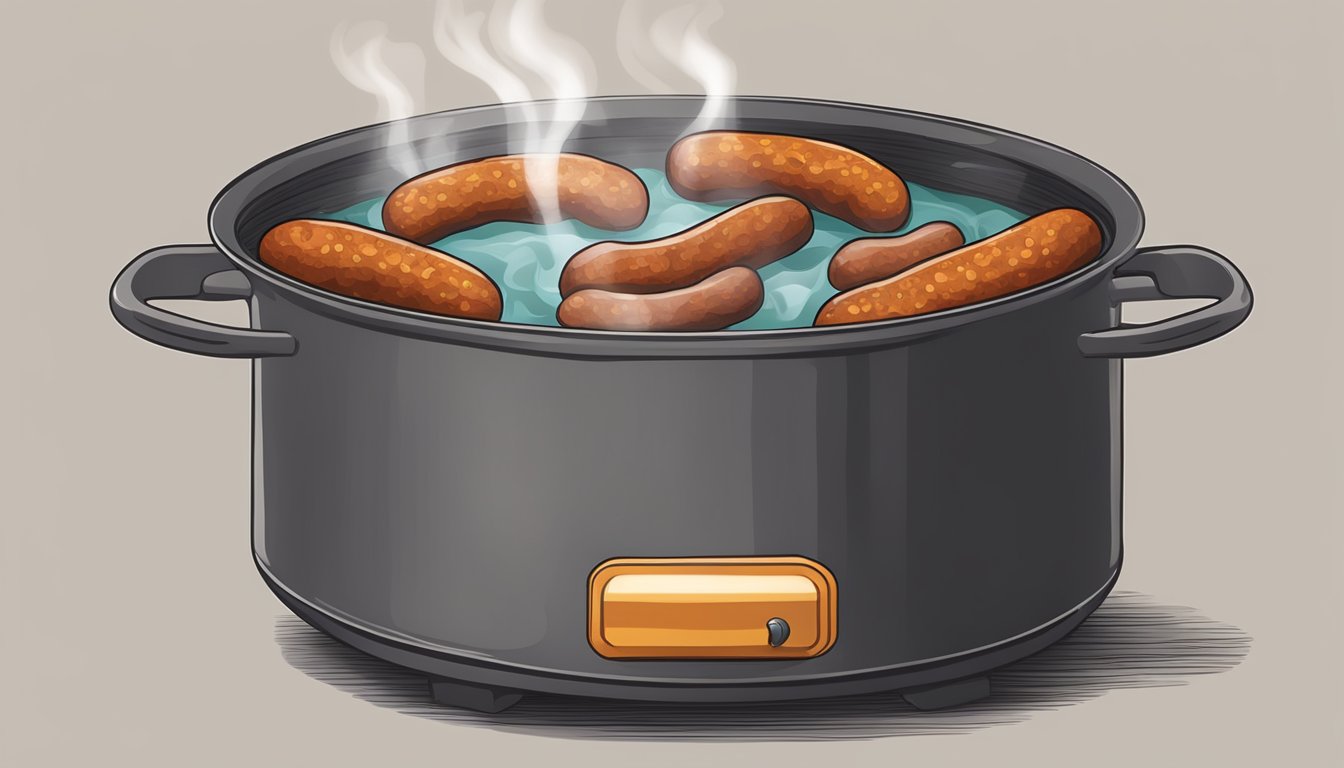 A pot of boiling water with chorizo sausage inside, steam rising