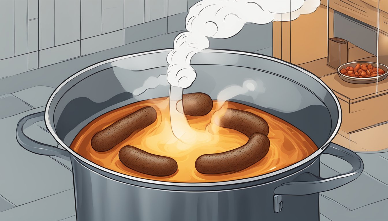 A pot of boiling water with chorizo sausages being submerged