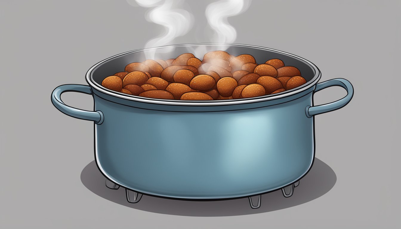 A pot of boiling water with chorizo sausage inside, steam rising