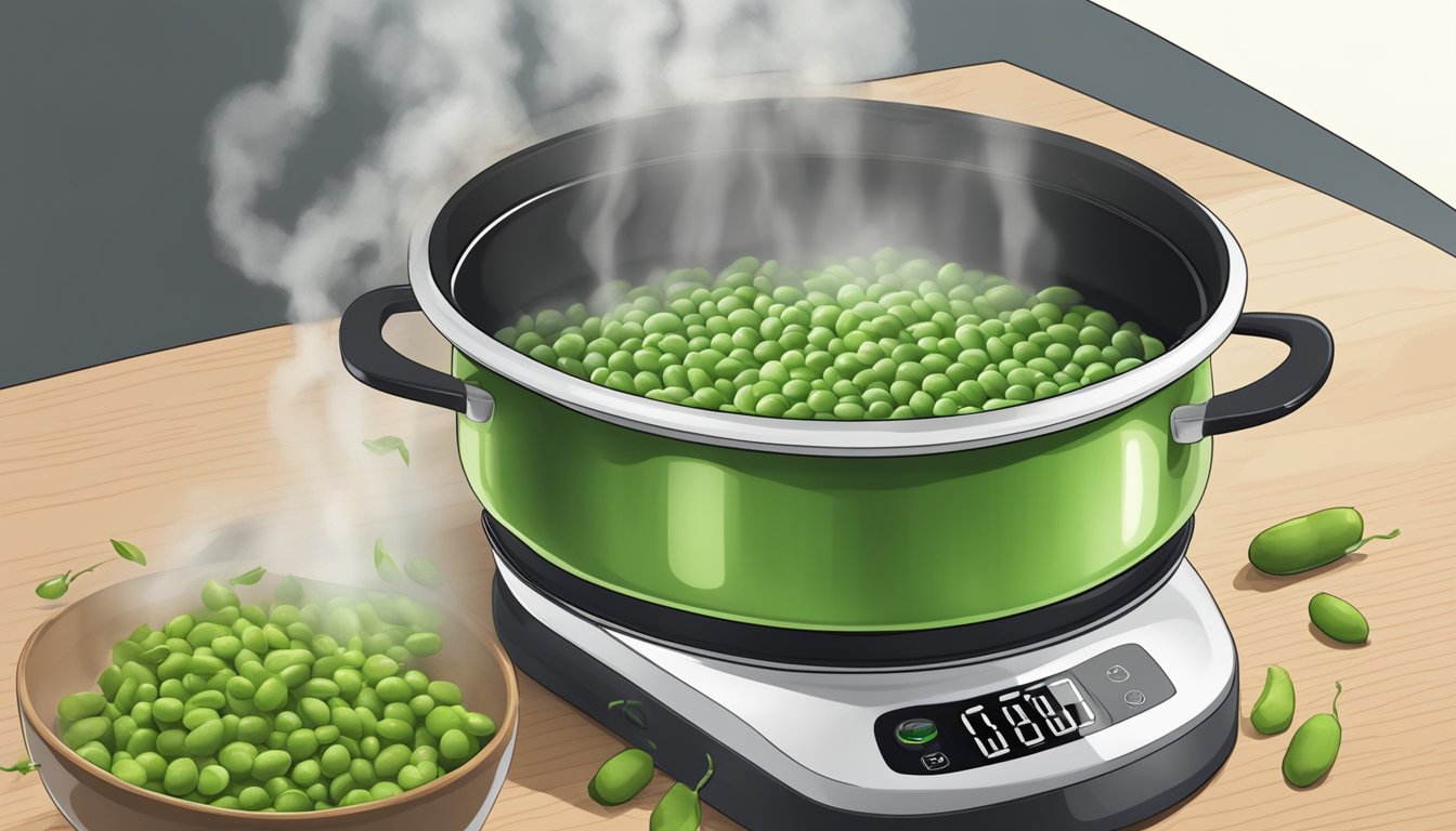 A pot of boiling water with edamame pods being dropped in. Timer set for 5 minutes. Steam rising