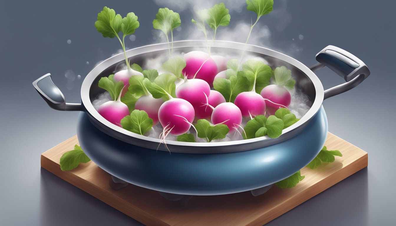 A pot of boiling water with whole radishes floating inside, steam rising from the surface