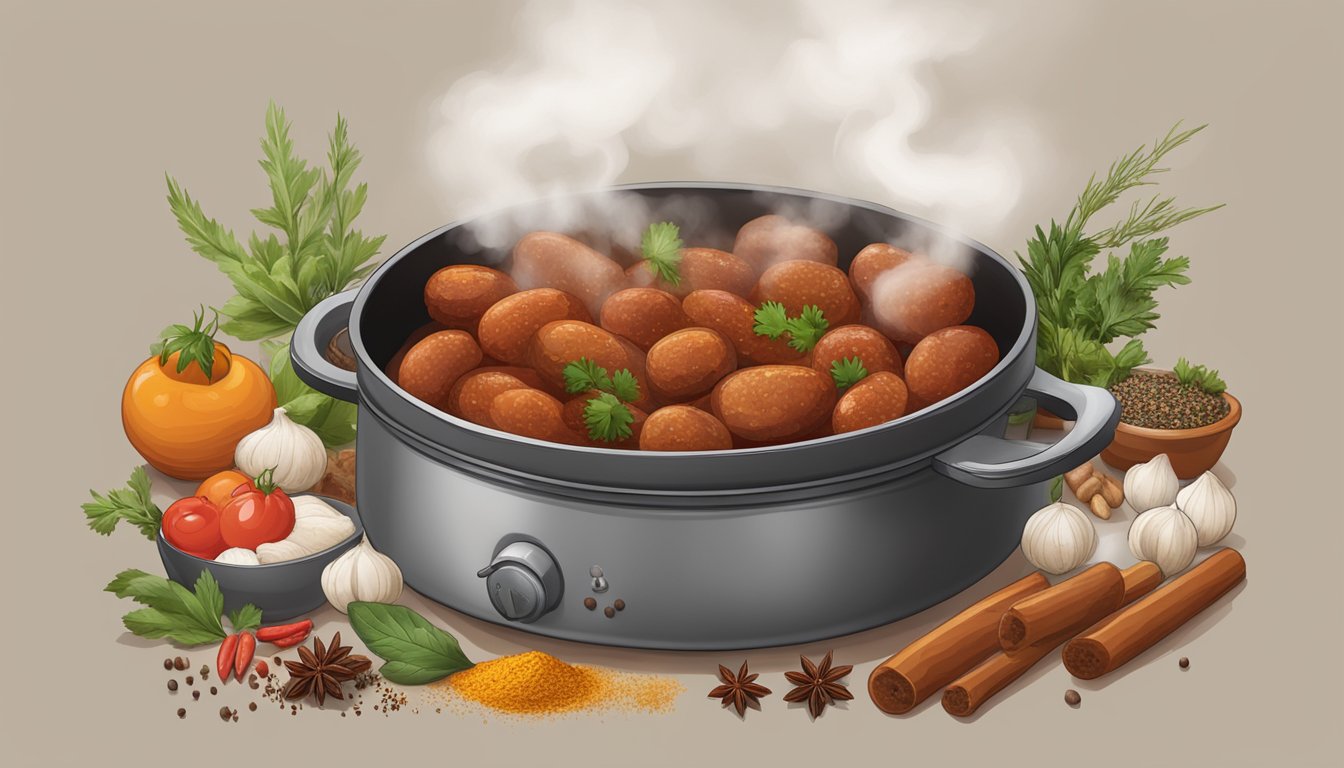 A pot of boiling chorizo with steam rising, surrounded by various spices and herbs