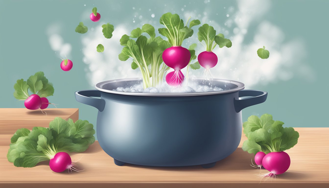 A pot of boiling water with radishes being dropped in