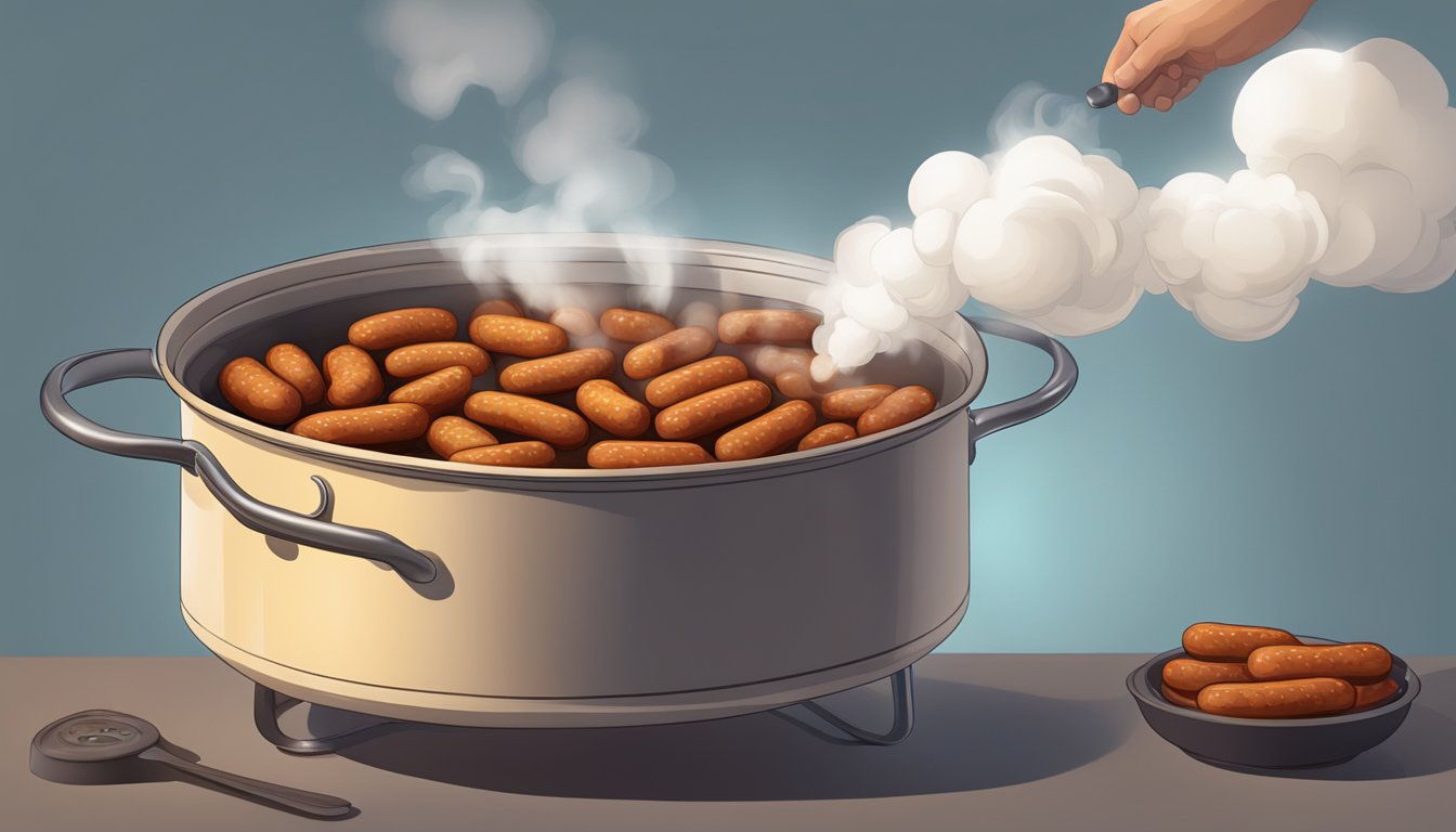 A pot of boiling water with chorizo sausages inside, steam rising