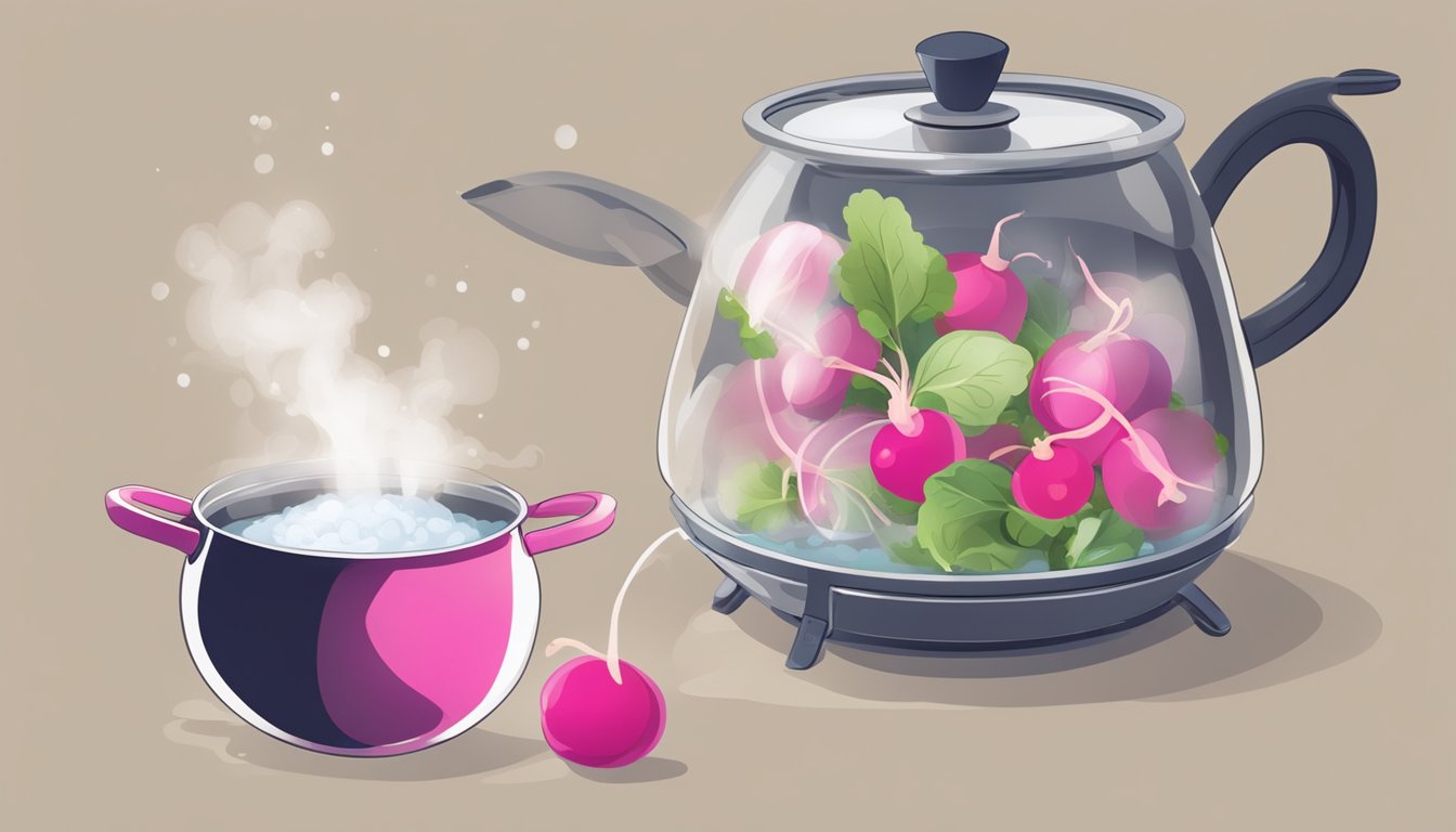 A pot of boiling water with radishes floating inside, steam rising, and a timer set nearby