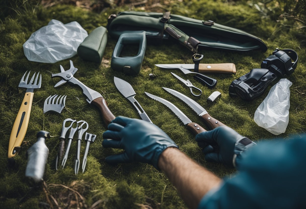 A hunter lays out tools for field dressing a deer, including a knife, gloves, and a plastic bag for organs