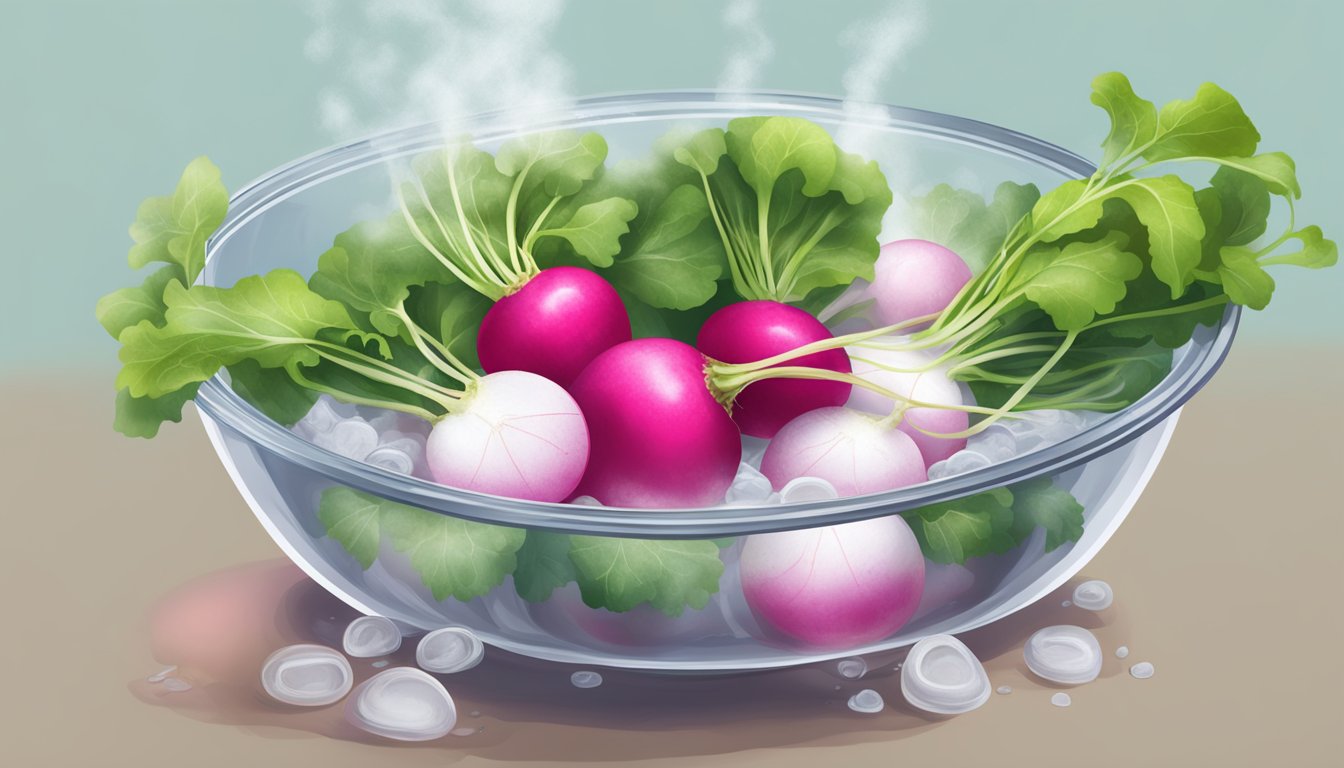 Radishes floating in boiling water, steam rising, timer set for 5 minutes