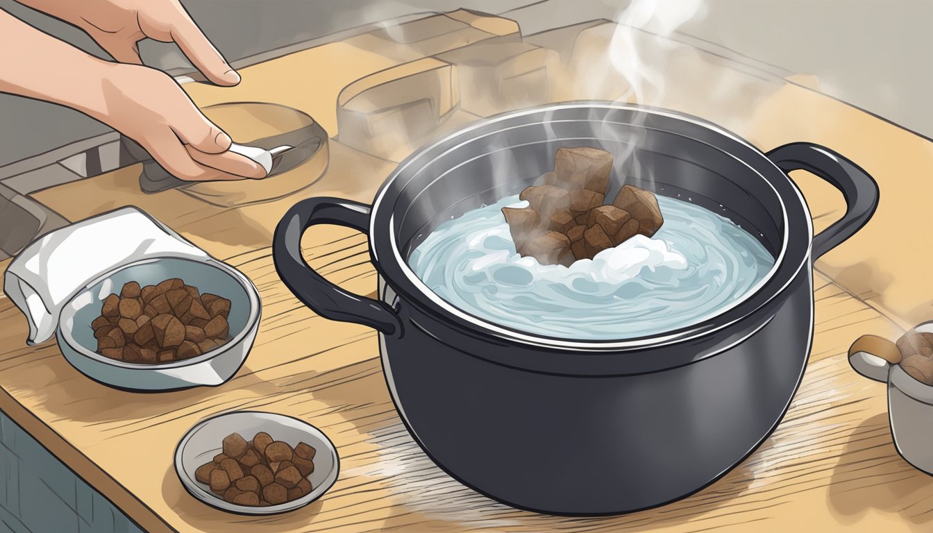 A pot of boiling water with venison chunks being carefully dropped in