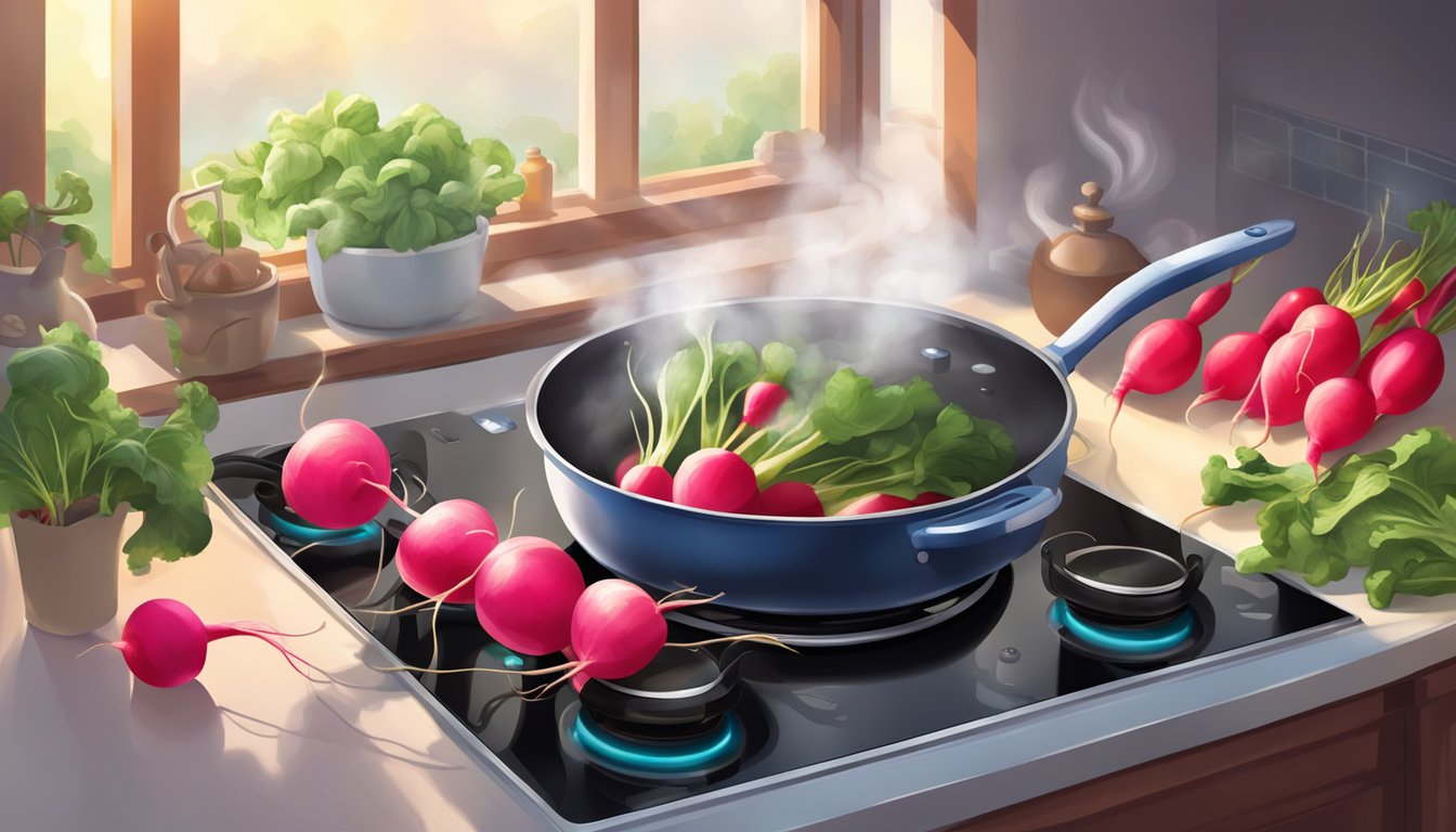 Radishes boiling in a pot on a stovetop, steam rising, timer set nearby. A soft, warm light illuminates the kitchen