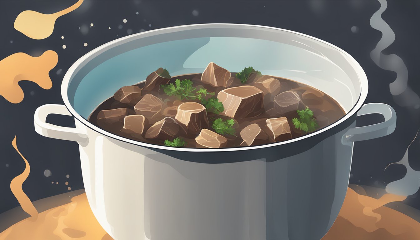 A pot of boiling water with chunks of venison being submerged