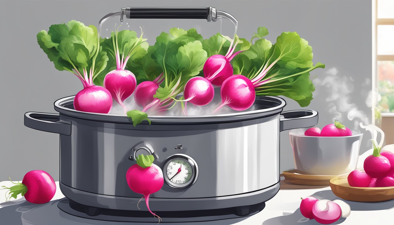 Radishes simmering in a pot of boiling water, steam rising, with a timer set nearby