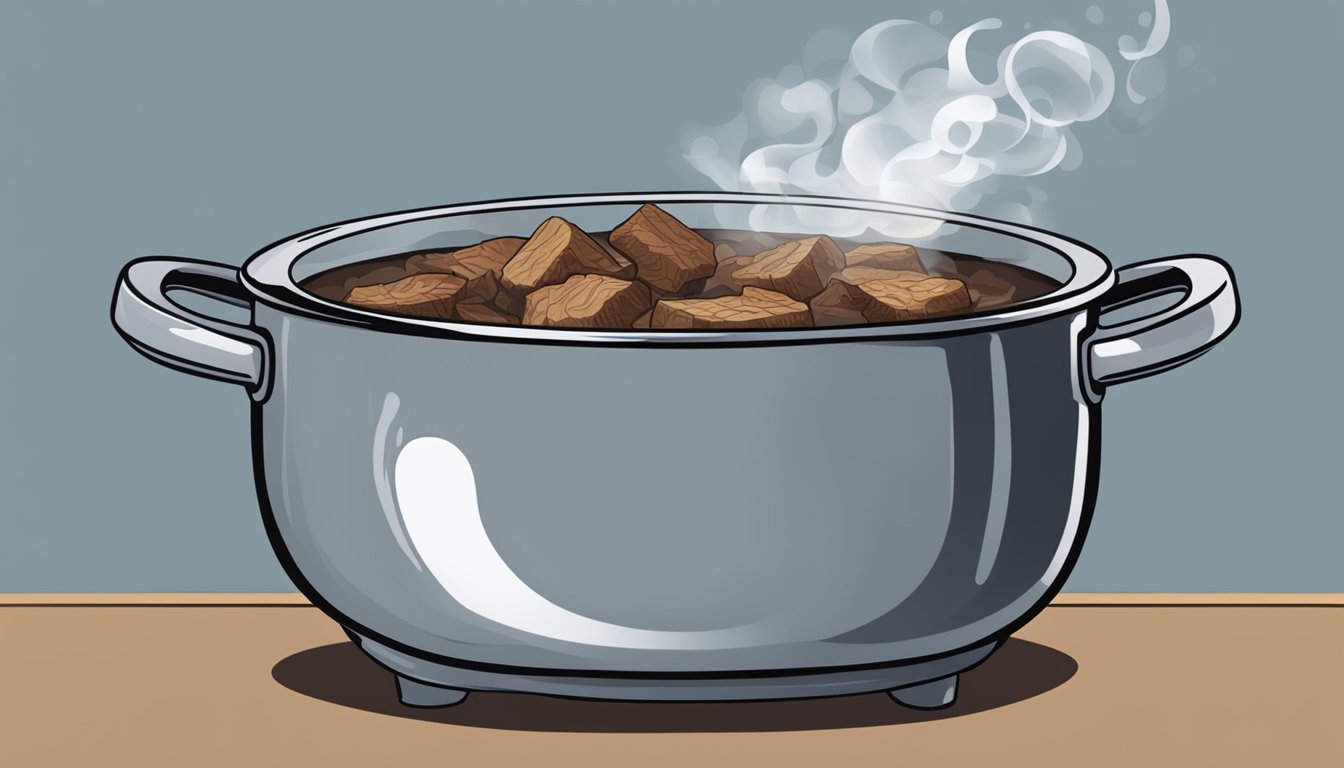 A pot of boiling water with chunks of venison inside