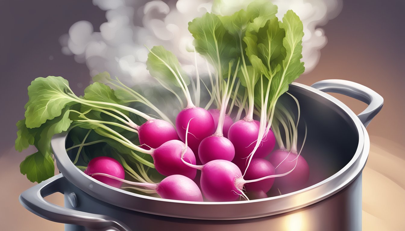 Radishes simmering in a pot of boiling water, steam rising, releasing a milder flavor