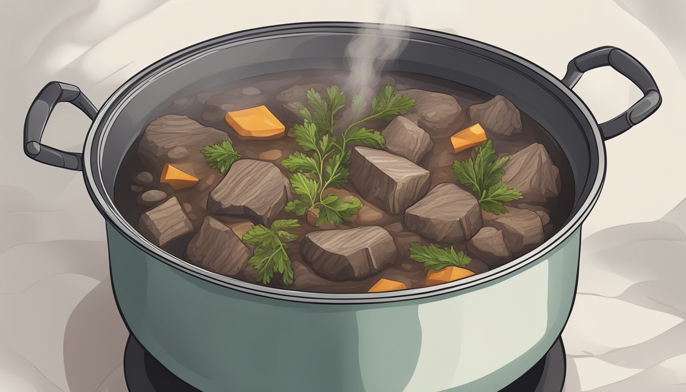 A pot of boiling water with chunks of venison inside, steam rising