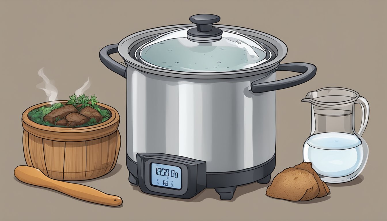 A pot of boiling water with venison inside, a timer set nearby