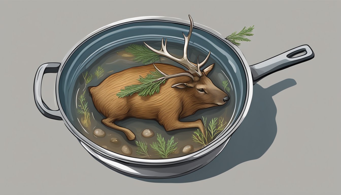 A pot of boiling water with a piece of venison being submerged for a specific period of time