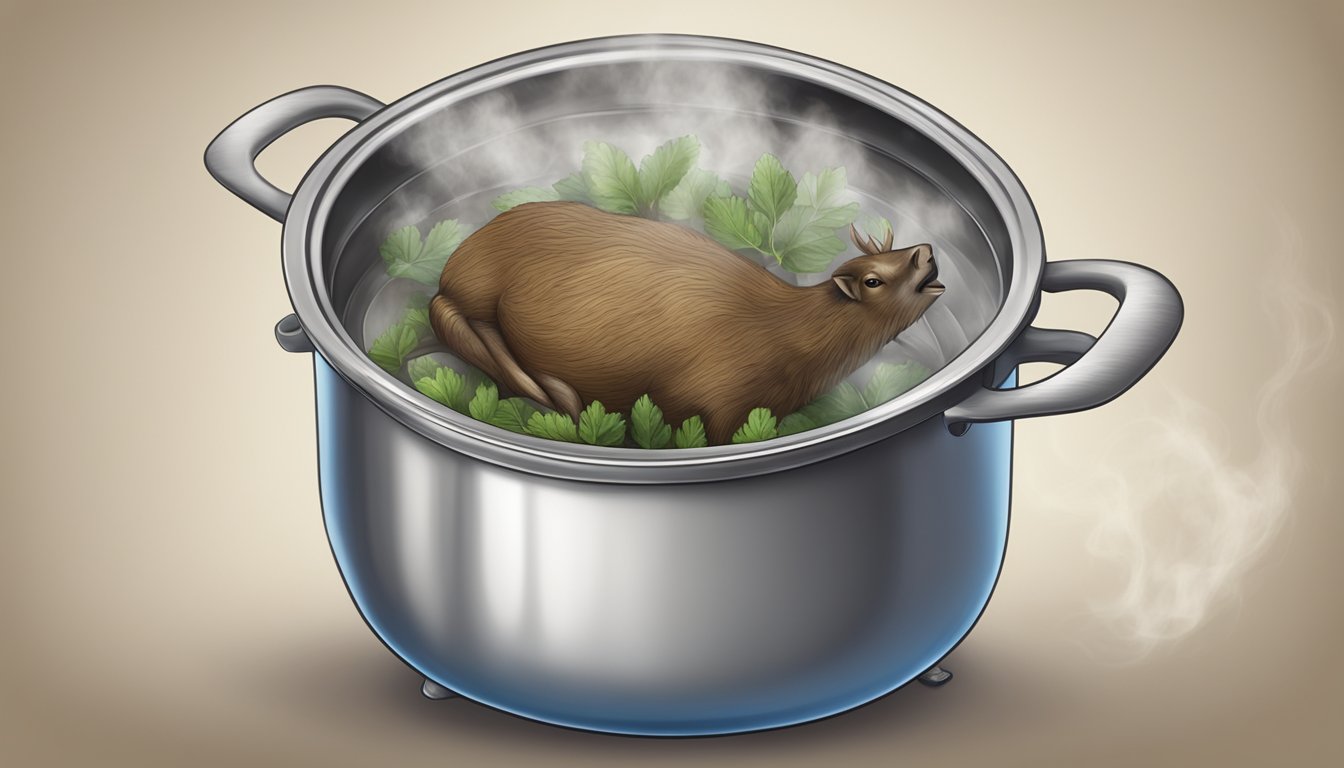 A pot of boiling water with venison inside, steam rising