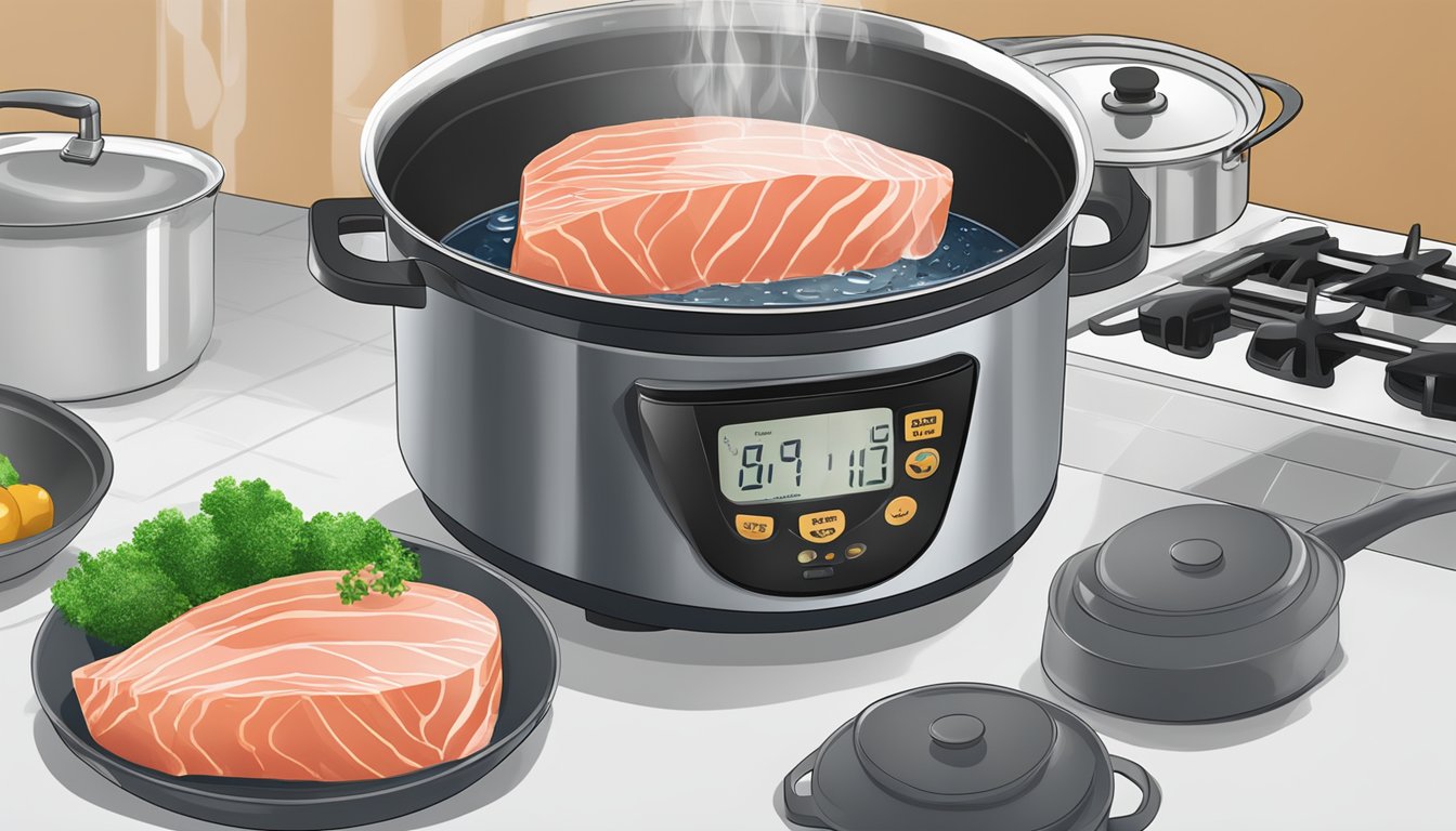 Fresh tuna steaks being gently boiled in a pot of bubbling water. A timer sits nearby, indicating the precise cooking time