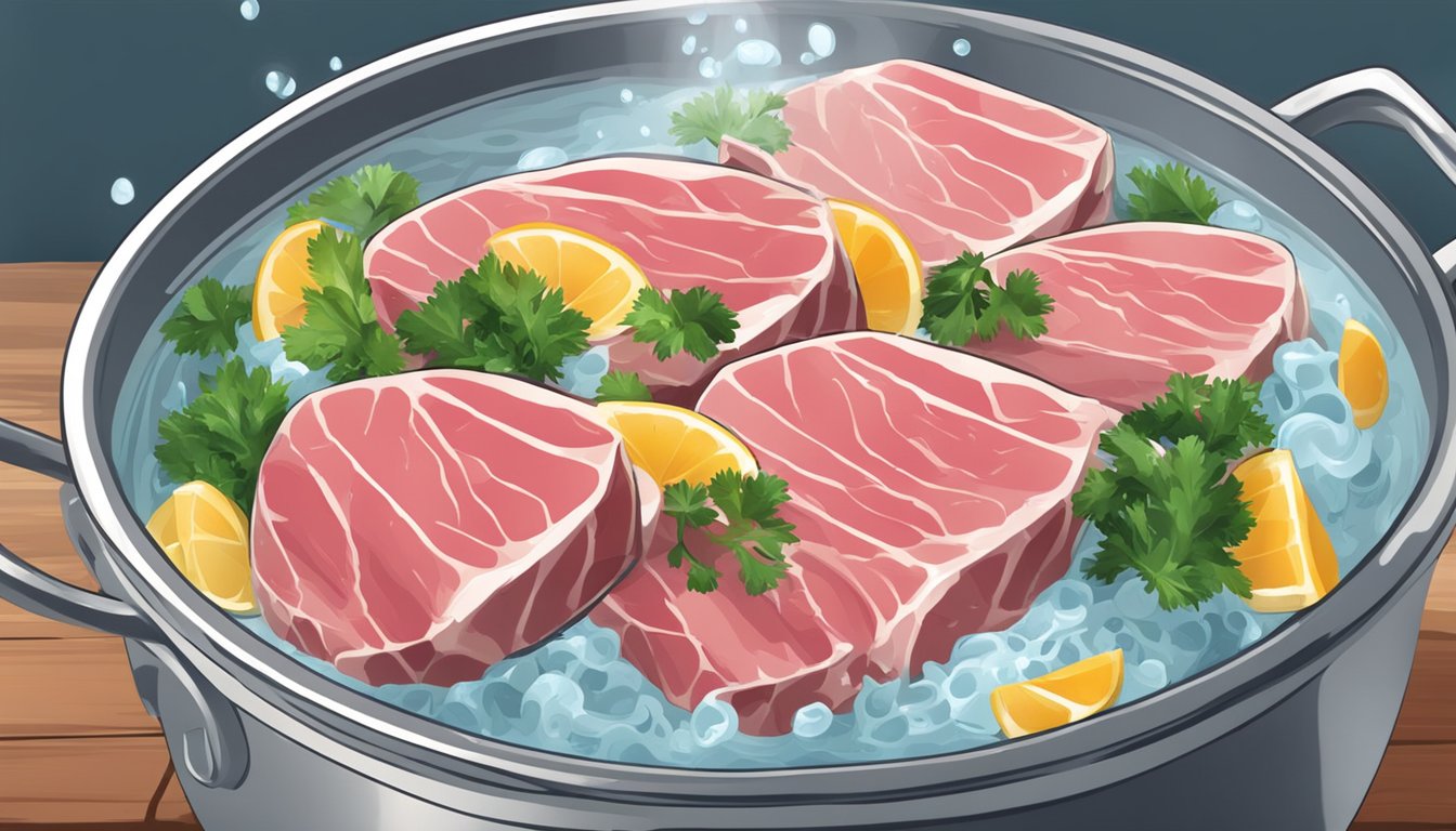 A pot of water boiling with fresh tuna steaks being carefully placed into the bubbling water