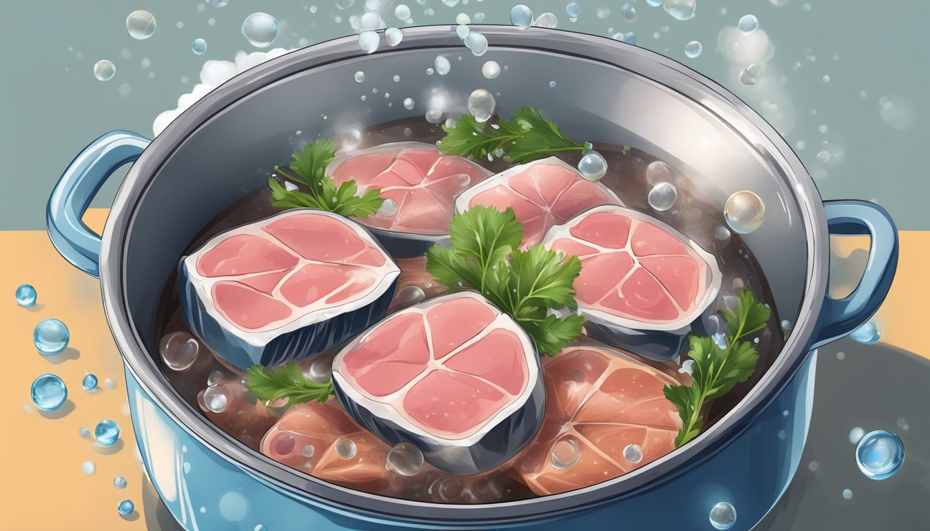 Fresh tuna steaks simmer in a pot of boiling water, surrounded by steam and bubbles