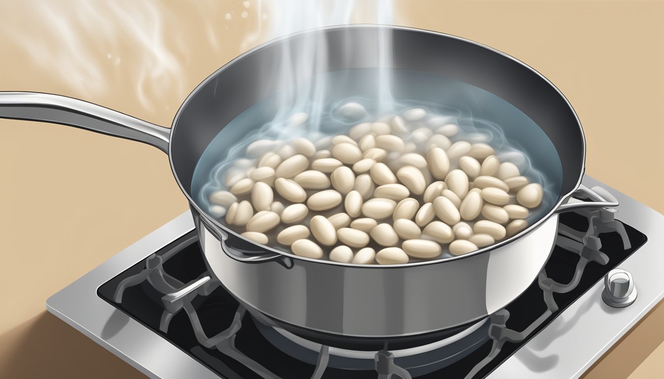 Cannellini beans boiling in a pot of water on a stovetop