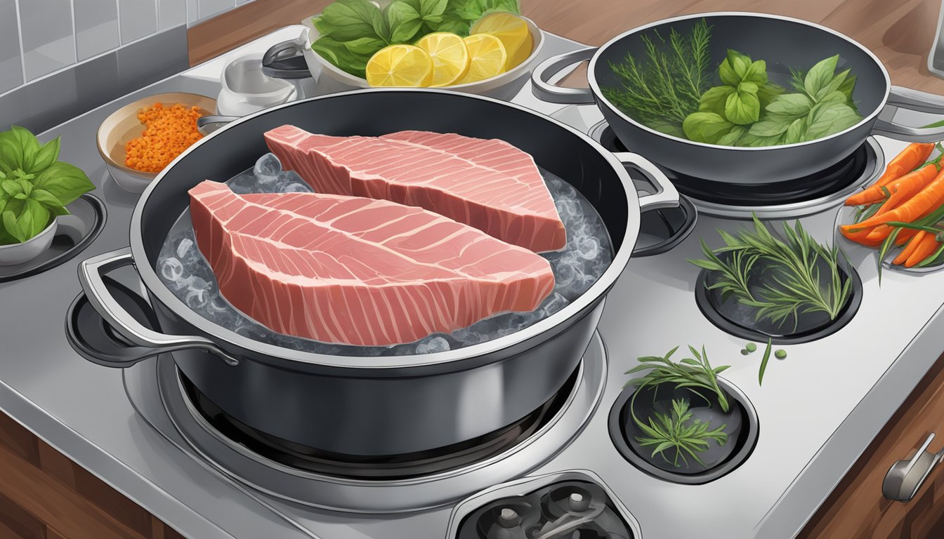 Two tuna steaks boiling in a pot of water on a stovetop, surrounded by various herbs and spices