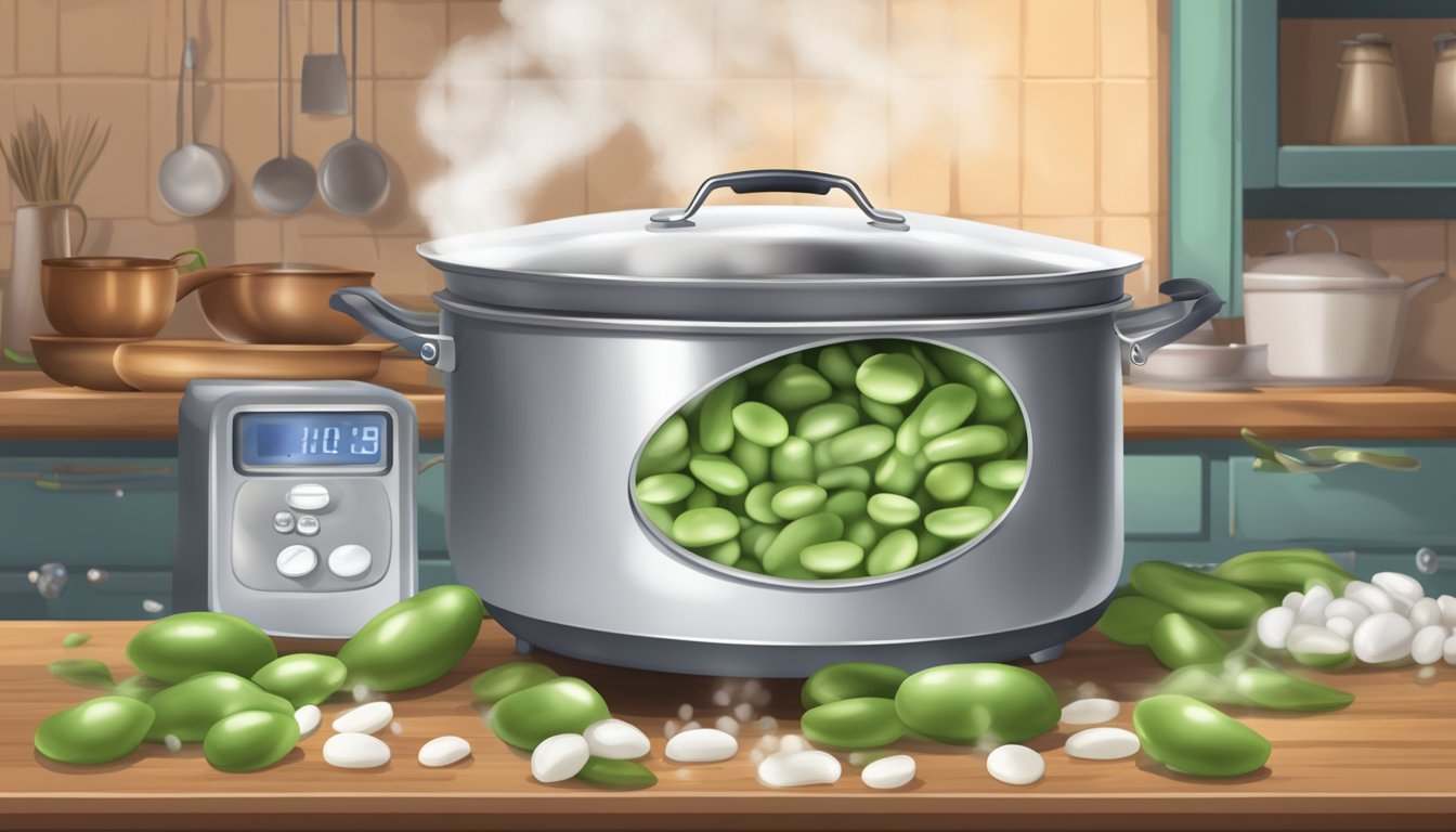 Fresh lima beans boiling in a pot of water, steam rising, with a timer set nearby. A southern-style kitchen with traditional cookware and decor