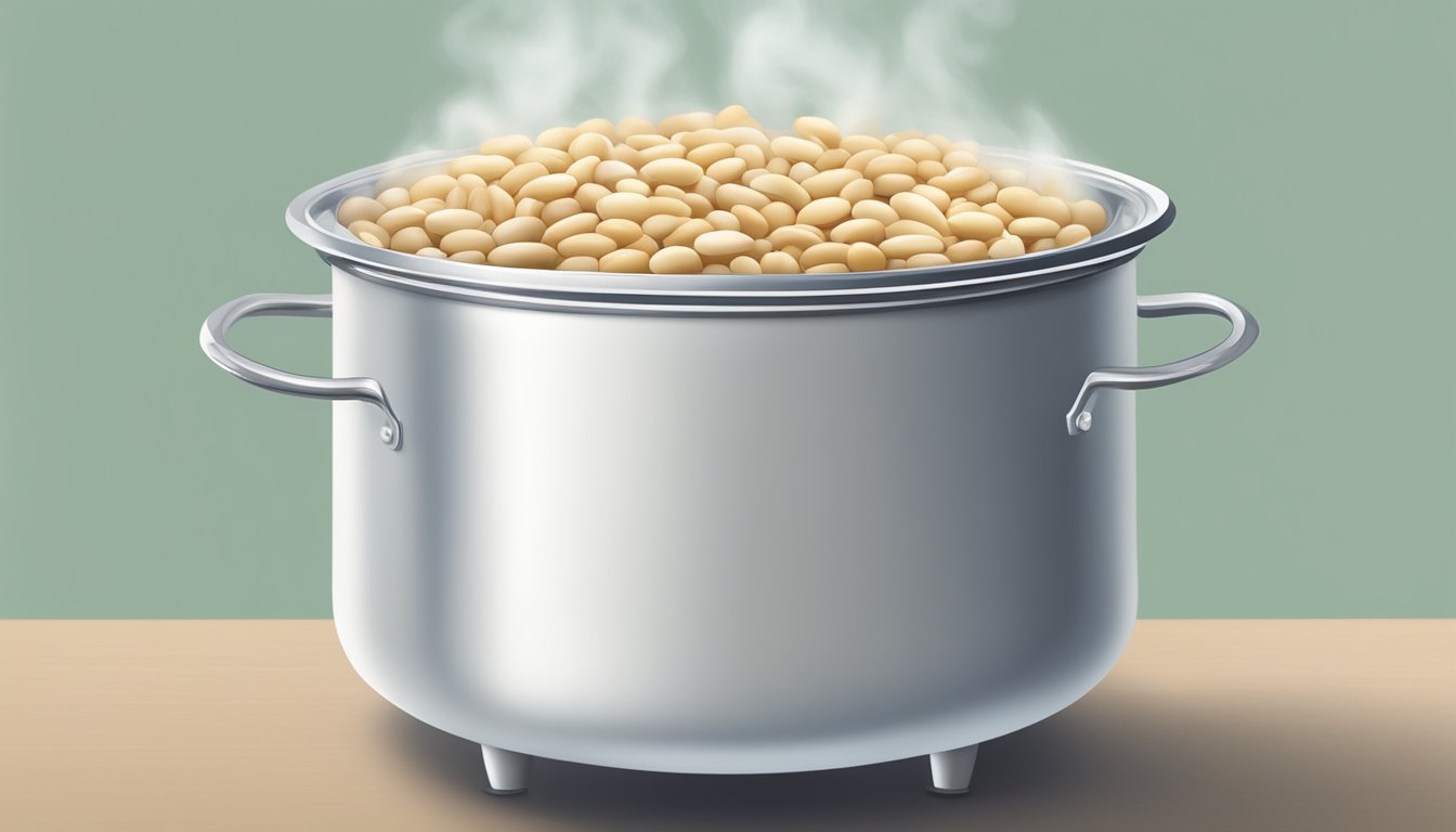 A pot of boiling water with cannellini beans inside, steam rising