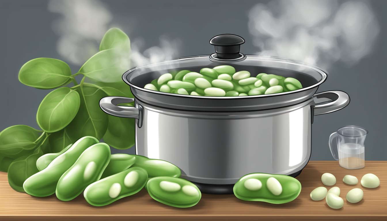 Fresh lima beans in a pot of boiling water, steam rising, with a timer set for perfect southern style cooking