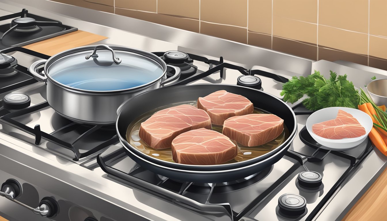 A pot of water boiling on a stovetop with fresh tuna steaks nearby