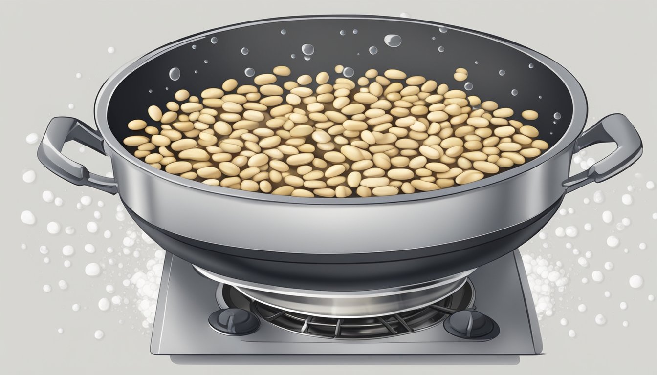 A pot of cannellini beans boiling on the stove, with steam rising and bubbles forming on the surface