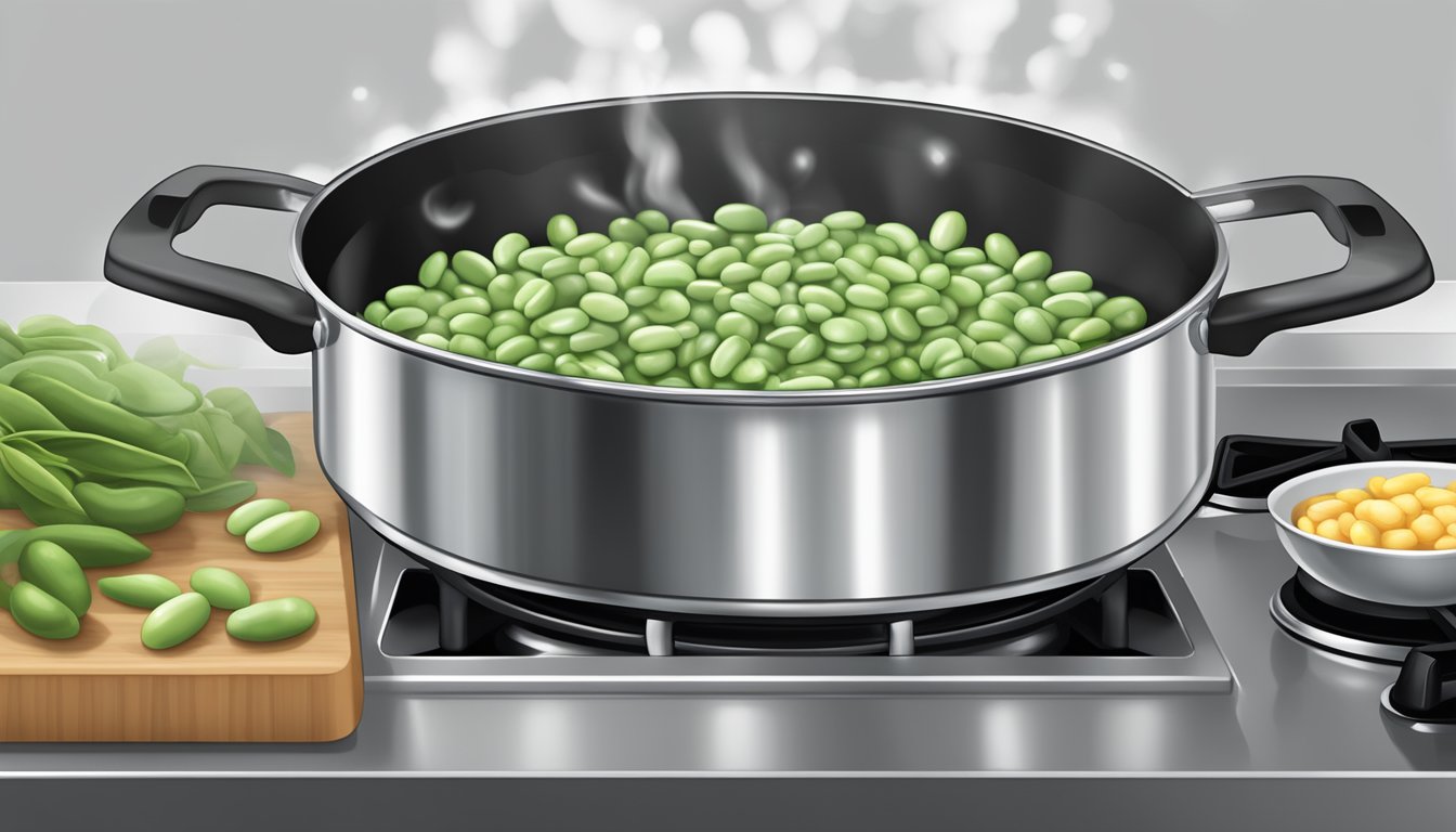 Fresh lima beans boiling in a large pot of water on a stovetop, steam rising as they cook to perfection for a Southern-style dish