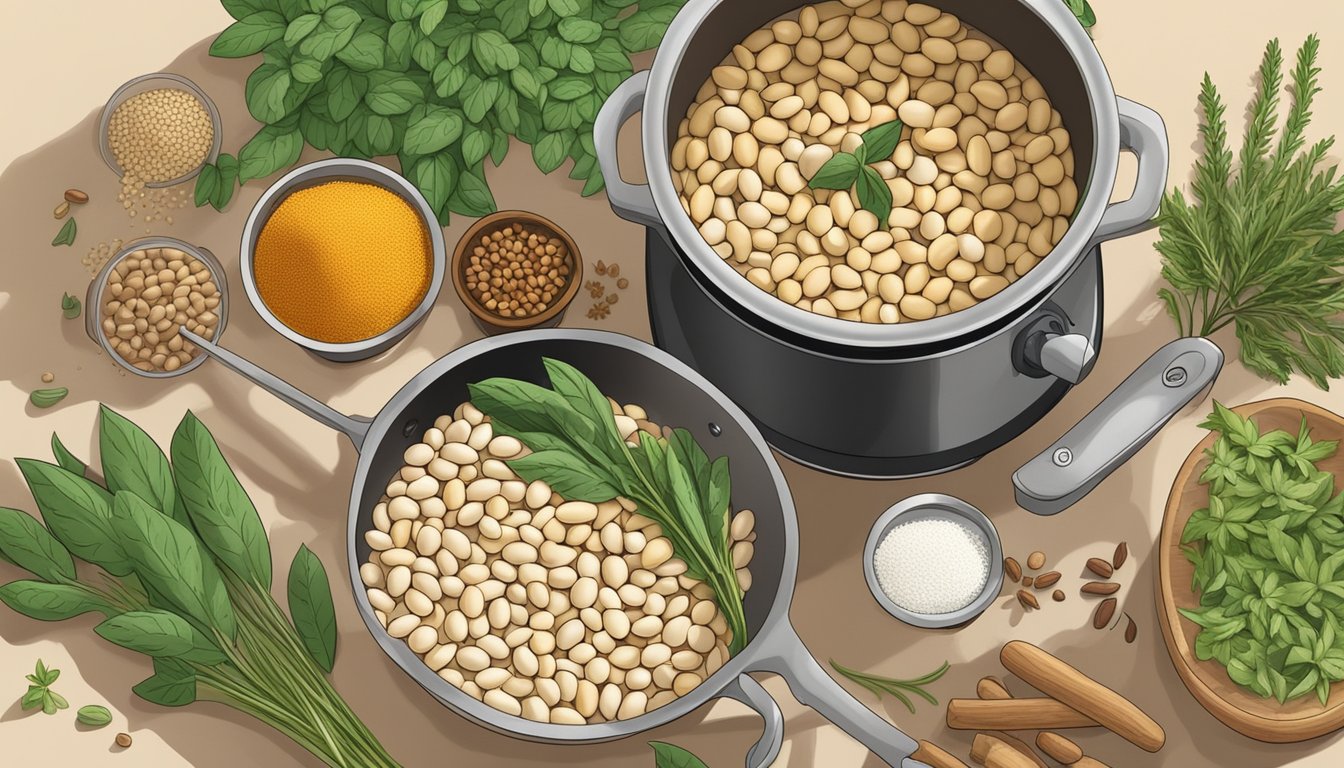 Cannellini beans boiling in a pot on a stovetop, surrounded by various herbs and spices