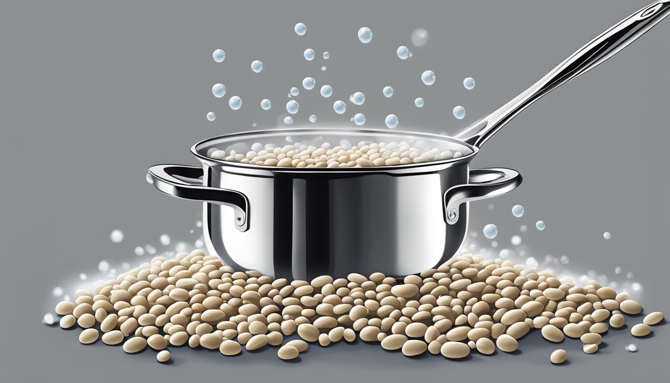 A pot of cannellini beans boiling on a stovetop, steam rising, bubbles breaking the surface