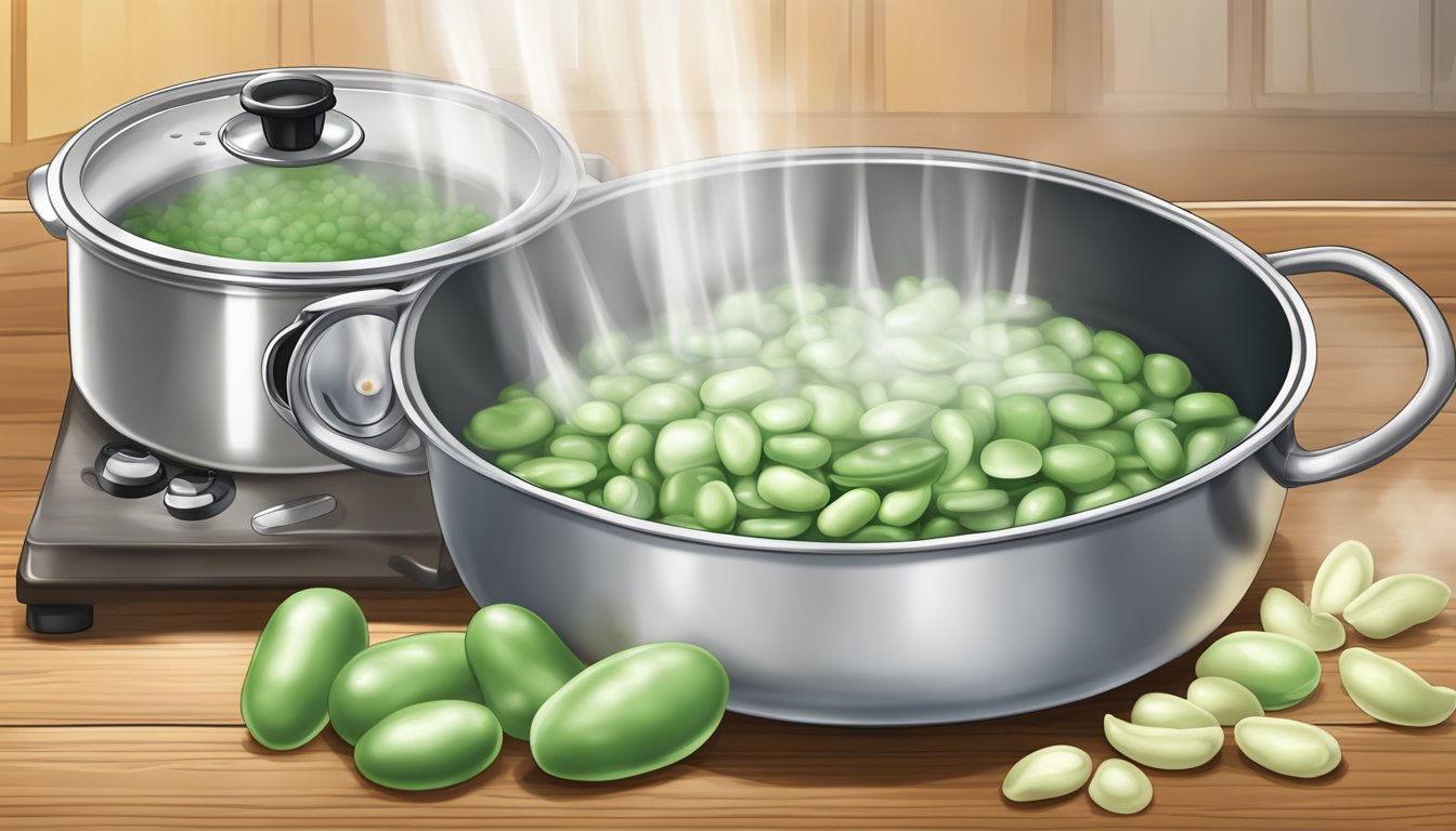 Fresh lima beans boiling in a pot of water, steam rising, with a timer set for the perfect southern style dish