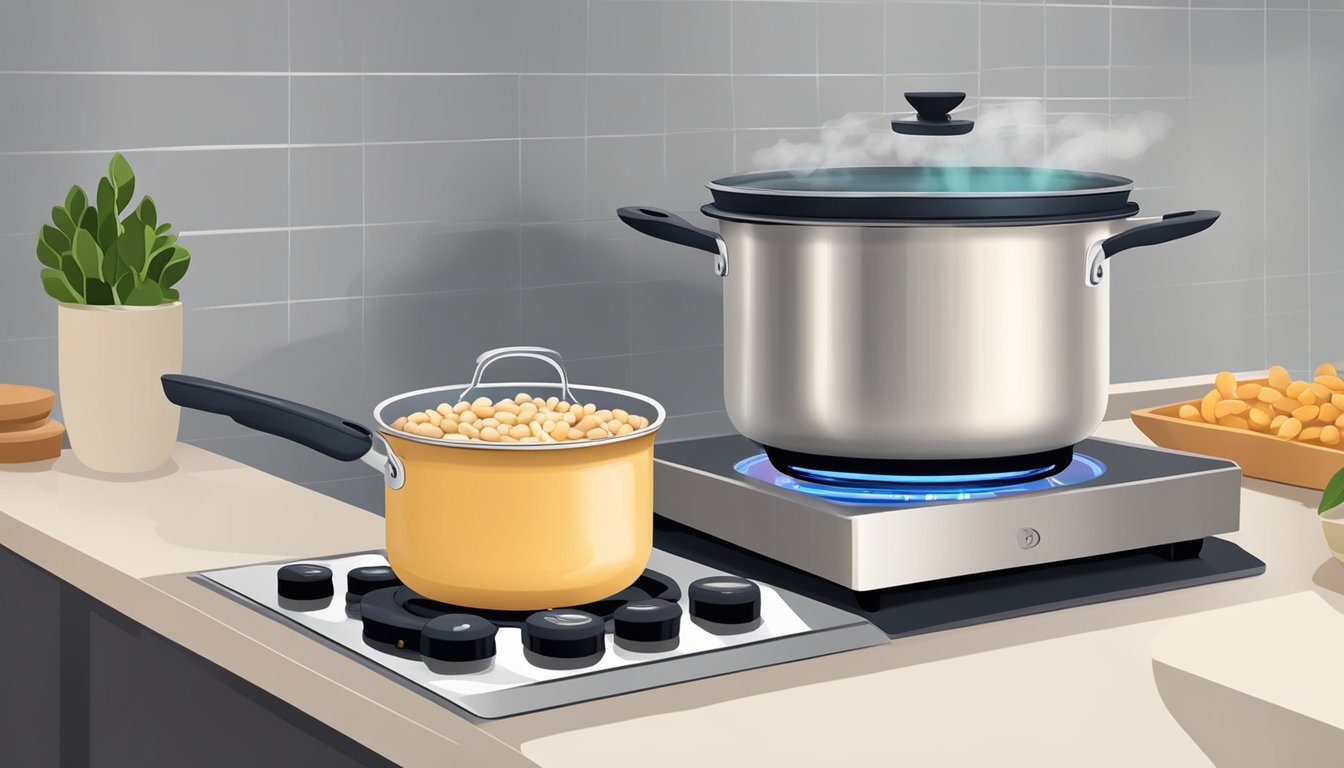 A pot of boiling cannellini beans on a stovetop, steam rising, with a timer set for the recommended cooking time