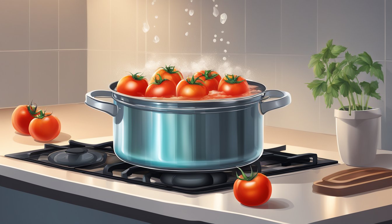 Fresh tomatoes being submerged in boiling water in a pot on the stove