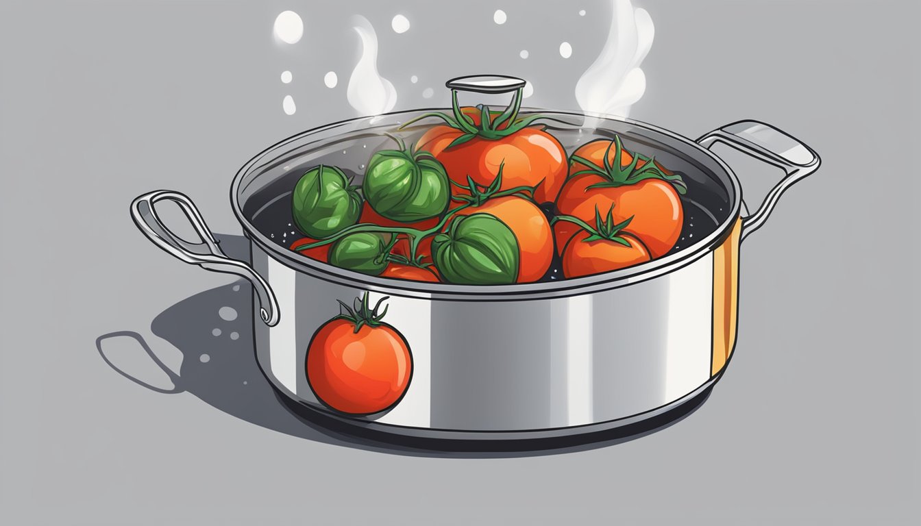 Fresh tomatoes bubbling in a pot of boiling water on a stovetop