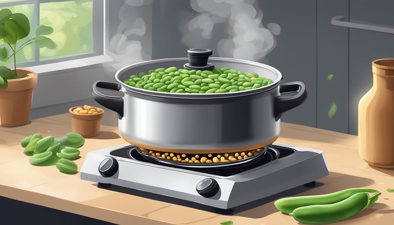 Fresh lima beans boiling in a pot on a stovetop, steam rising, with a timer set nearby