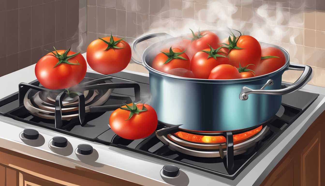 Fresh tomatoes boiling in a pot on a stove, steam rising as the skins start to split, releasing their rich aroma