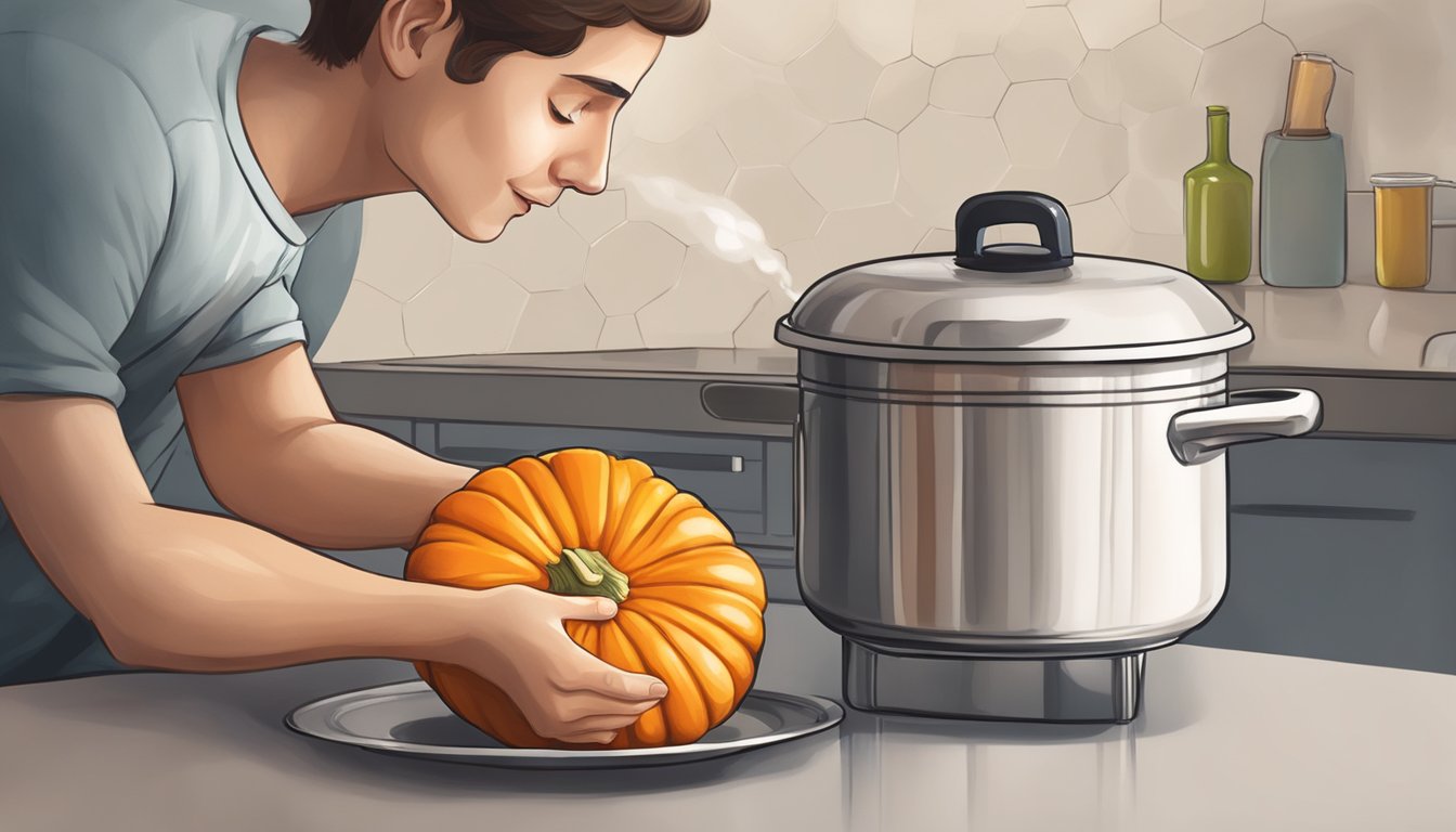 A person holding a fresh pumpkin over a pot of boiling water