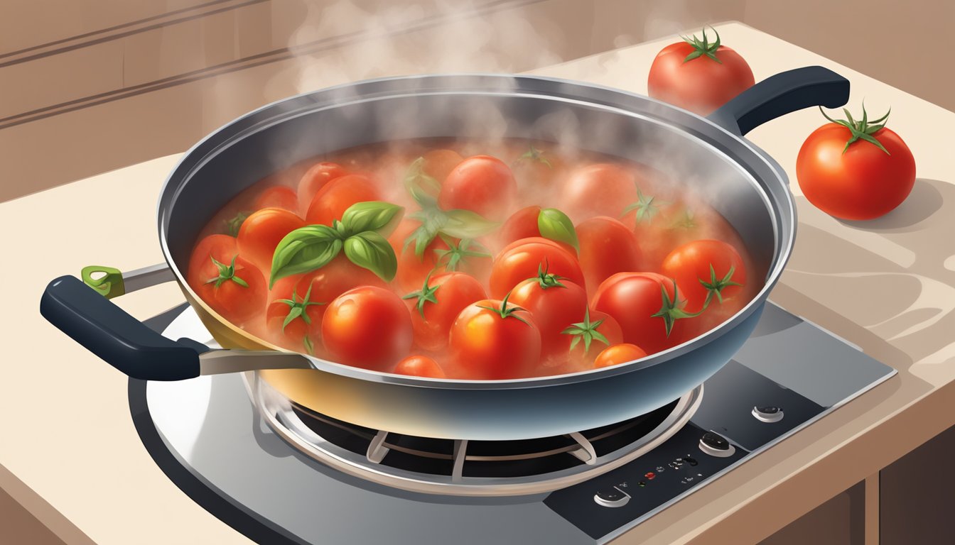 Fresh tomatoes boiling in a pot on a stovetop, steam rising and a wooden spoon stirring the mixture for sauces and soups