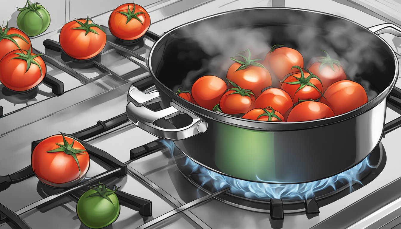 Fresh tomatoes boiling in a pot on a stove, steam rising, with a timer set nearby