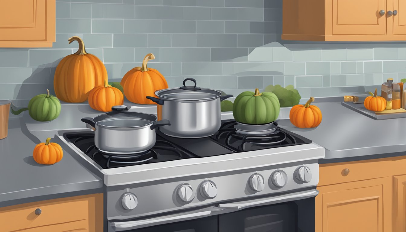 A pot of water boiling on a stove, with a fresh pumpkin next to it